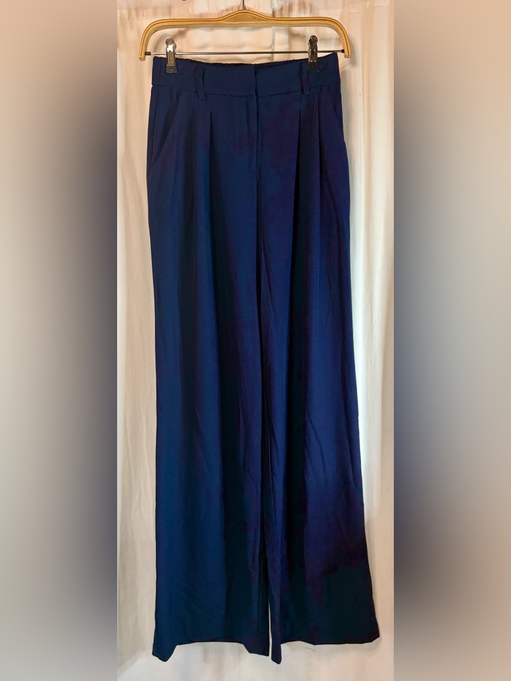 DREW Navy Wide-Leg Pleated Trousers